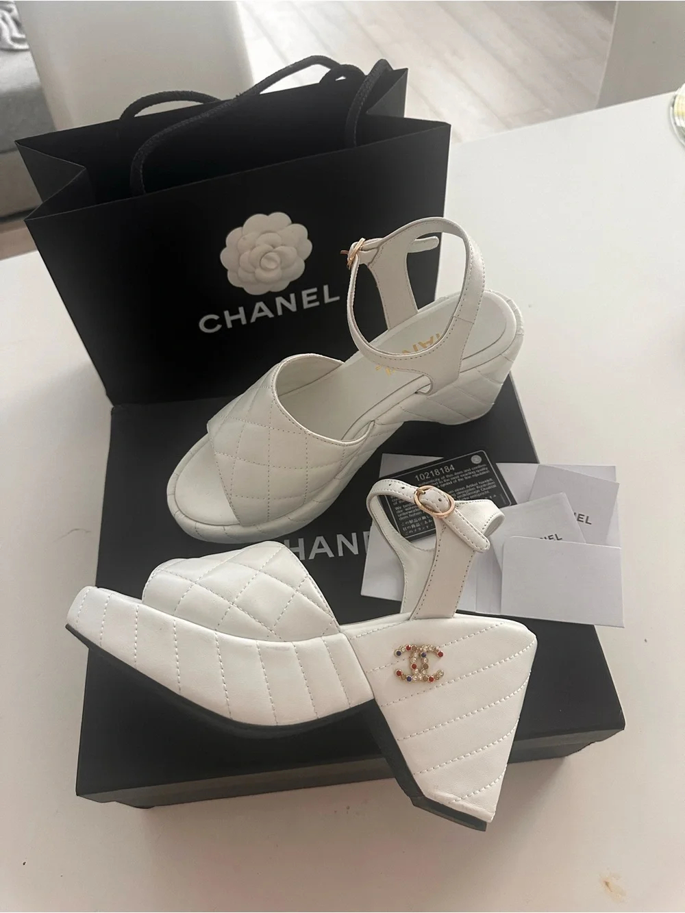 CHANEL White Quilted Leather Slingback Block Heel Sandals